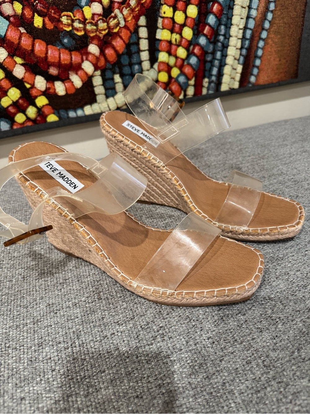 Steve Madden Clear Strap Espadrille Wedges with Tan Footbed